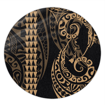 Hawaii Round Rug Hawaiian Map Kakau Style Gold