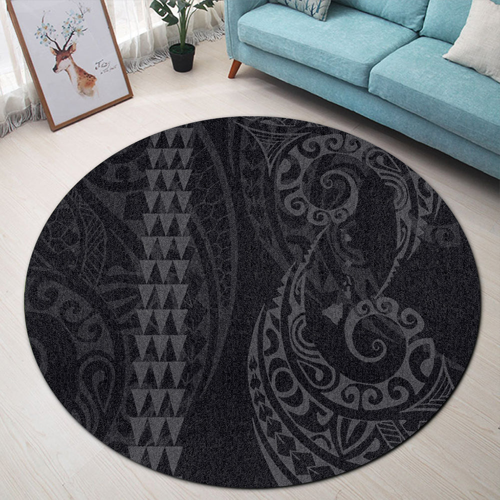 Hawaii Round Rug Hawaiian Map Kakau Style Gray