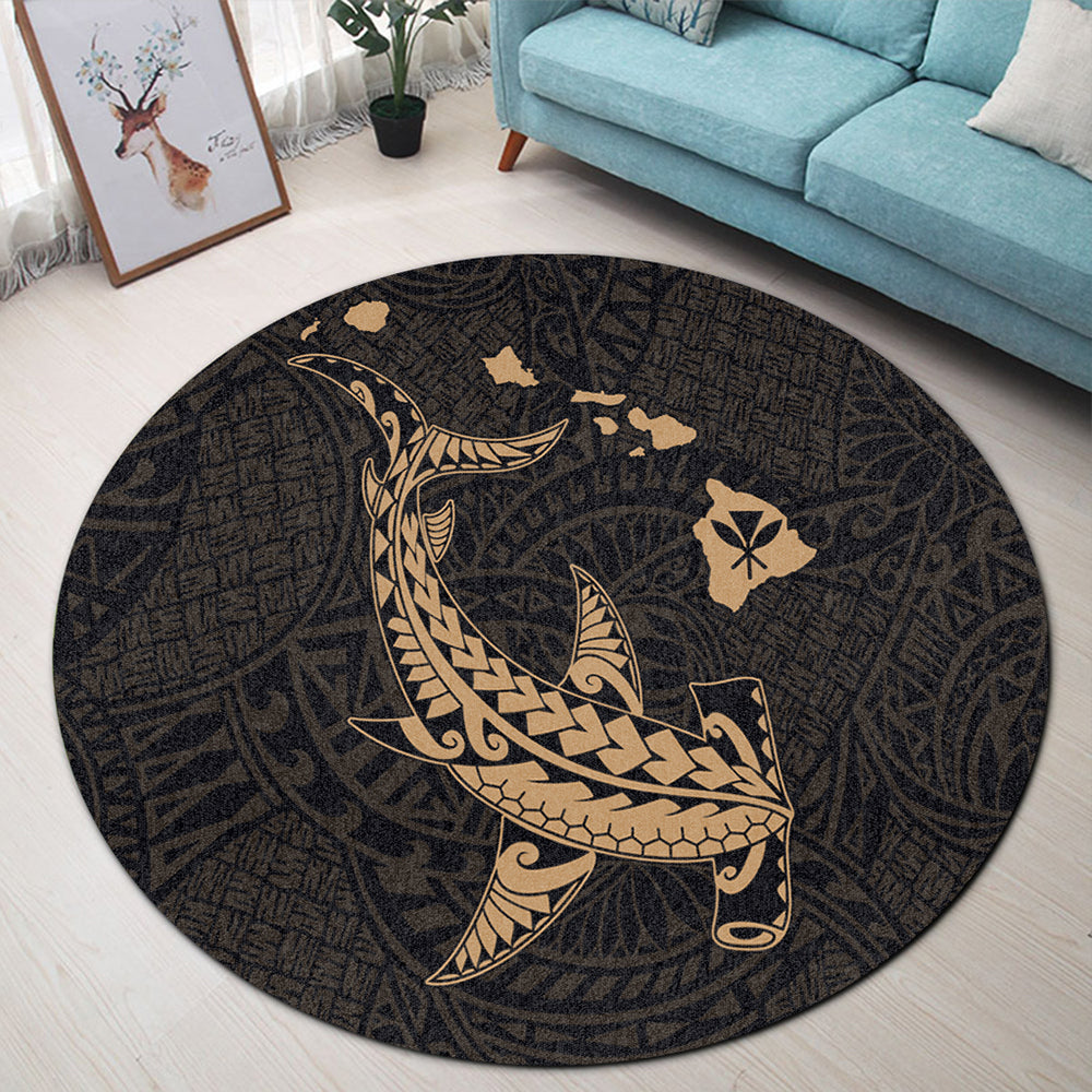 Hawaii Round Rug Hawaiian Native Map Hammerhead Shark Gold | Polynesian.co