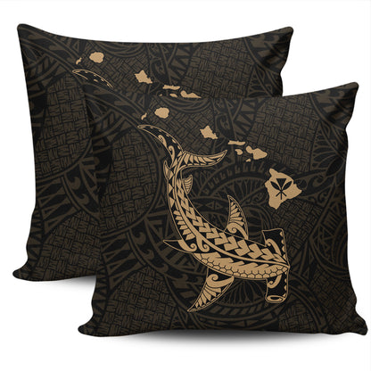 Hawaii Pillow Cover Hawaiian Native Map Hammerhead Shark Gold