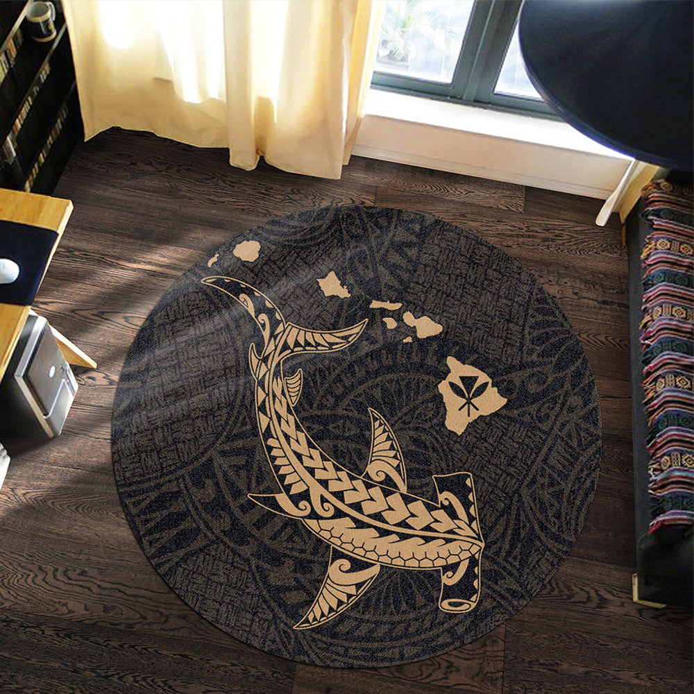 Hawaii Round Rug Hawaiian Native Map Hammerhead Shark Gold