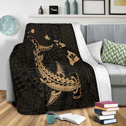 Hawaii Premium Blanket Hawaiian Native Map Hammerhead Shark Gold