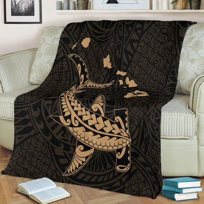 Hawaii Premium Blanket Hawaiian Native Map Hammerhead Shark Gold