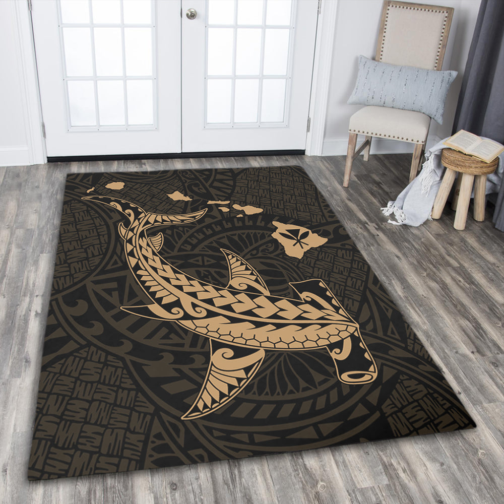 Hawaii Area Rug Hawaiian Native Map Hammerhead Shark Gold