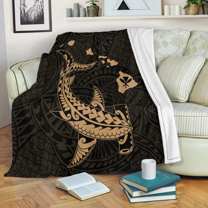 Hawaii Premium Blanket Hawaiian Native Map Hammerhead Shark Gold