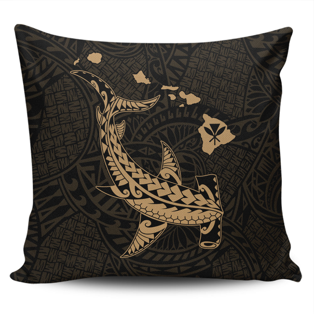 Hawaii Pillow Cover Hawaiian Native Map Hammerhead Shark Gold