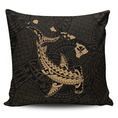 Hawaii Pillow Cover Hawaiian Native Map Hammerhead Shark Gold