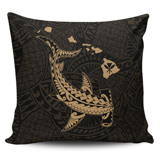 Hawaii Pillow Cover Hawaiian Native Map Hammerhead Shark Gold