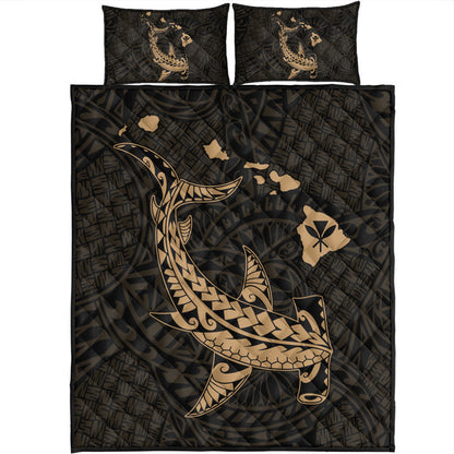 Hawaii Quilt Bed Set Hawaiian Native Map Hammerhead Shark Gold