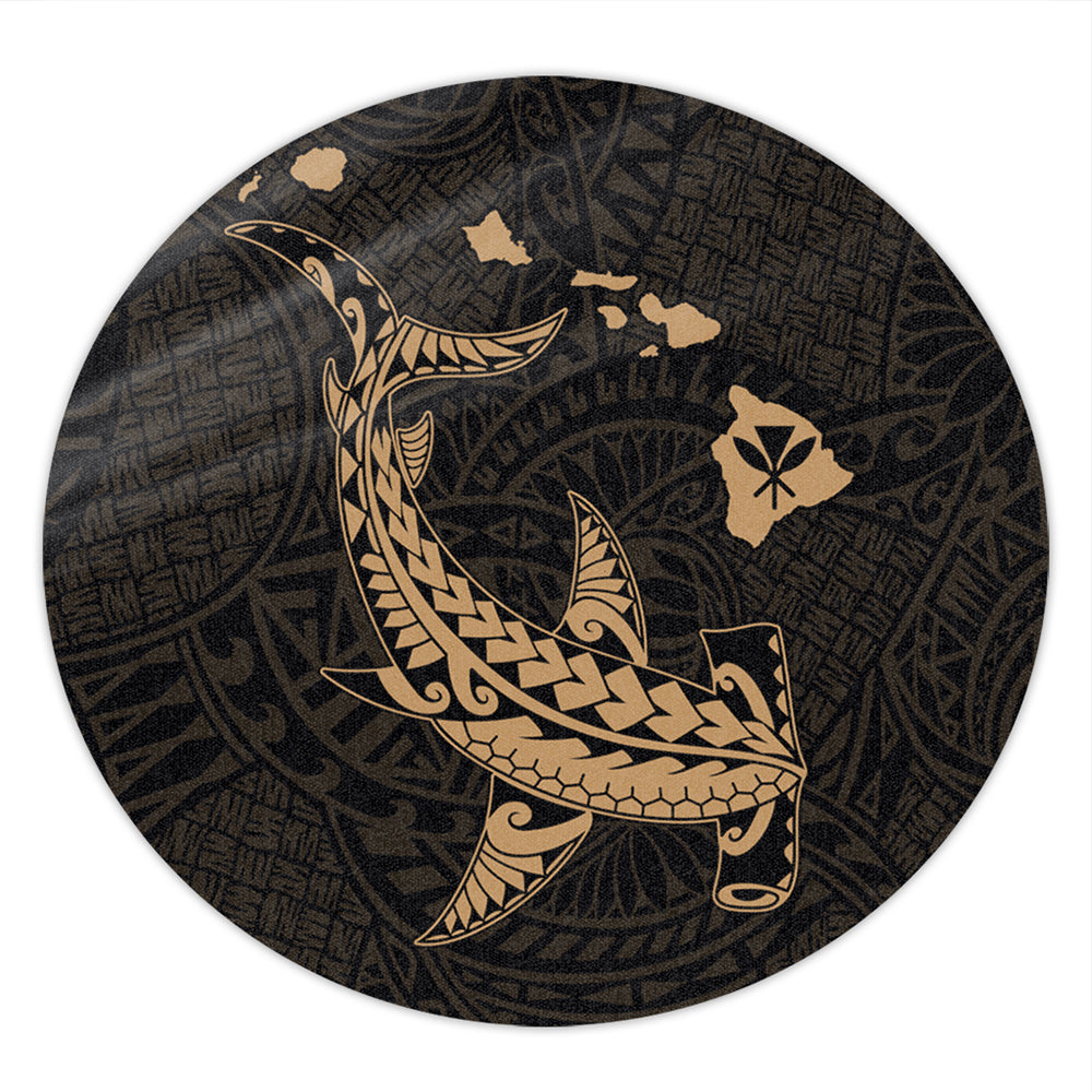 Hawaii Round Rug Hawaiian Native Map Hammerhead Shark Gold