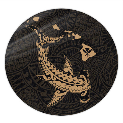 Hawaii Round Rug Hawaiian Native Map Hammerhead Shark Gold
