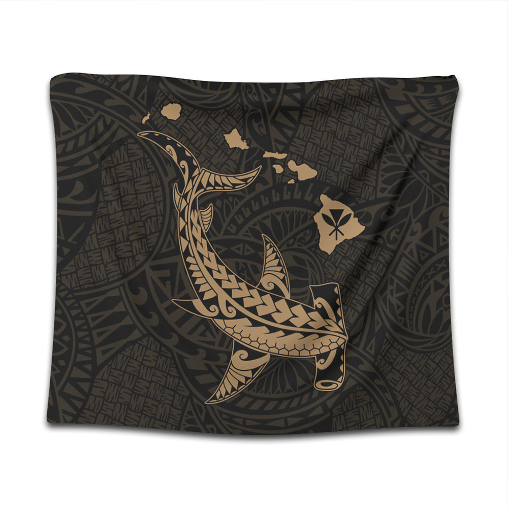 Hawaii Tapestry Hawaiian Native Map Hammerhead Shark Gold