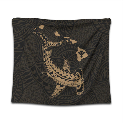 Hawaii Tapestry Hawaiian Native Map Hammerhead Shark Gold