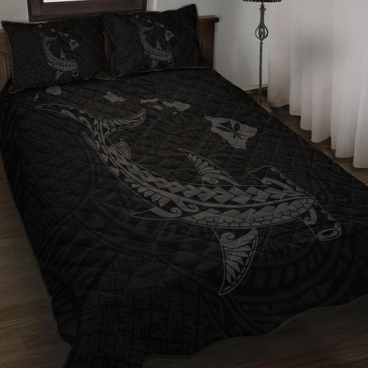 Hawaii Quilt Bed Set Hawaiian Native Map Hammerhead Shark Gray
