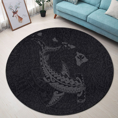 Hawaii Round Rug Hawaiian Native Map Hammerhead Shark Gray