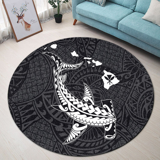 Hawaii Round Rug Hawaiian Native Map Hammerhead Shark White