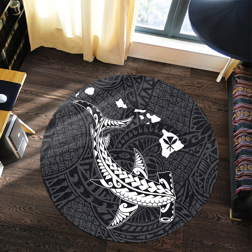 Hawaii Round Rug Hawaiian Native Map Hammerhead Shark White