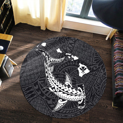 Hawaii Round Rug Hawaiian Native Map Hammerhead Shark White