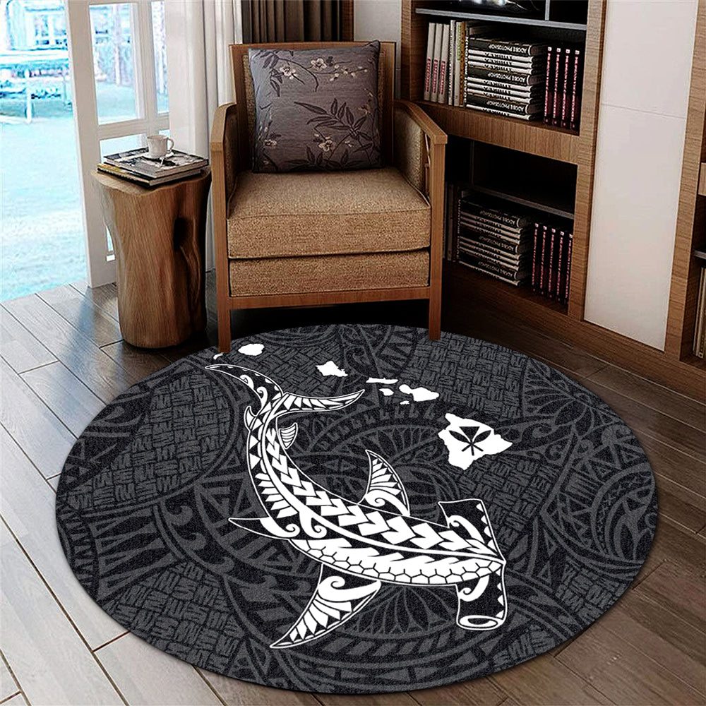 Hawaii Round Rug Hawaiian Native Map Hammerhead Shark White
