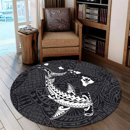 Hawaii Round Rug Hawaiian Native Map Hammerhead Shark White