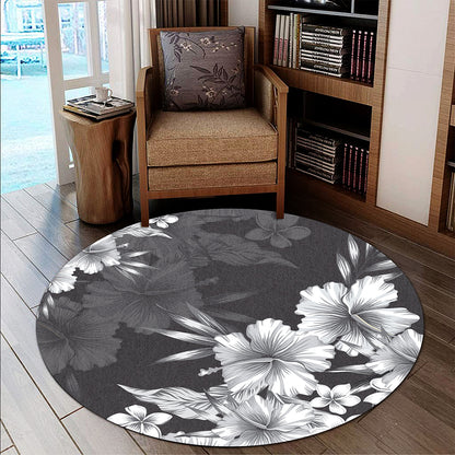 Hawaii Round Rug Hibiscus And Plumeria B&W
