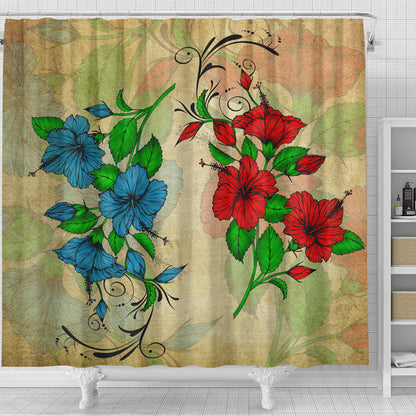 Hawaii Shower Curtain Hibiscus Blue And Red