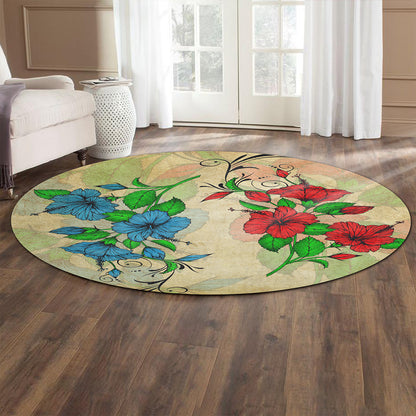 Hawaii Round Rug Hibiscus Blue And Red