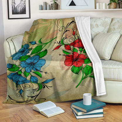 Hawaii Premium Blanket Hibiscus Blue And Red