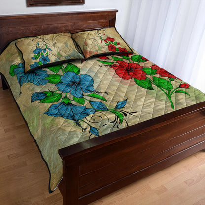 Hawaii Quilt Bed Set Hibiscus Blue And Red