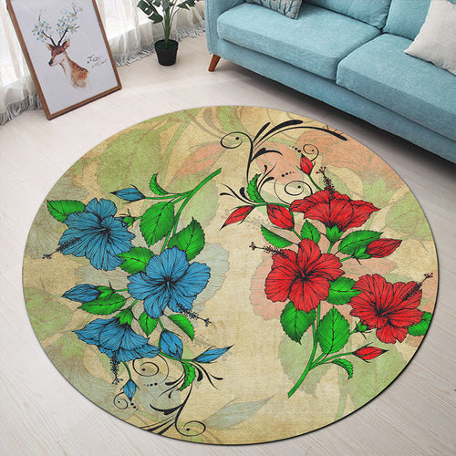 Hawaii Round Rug Hibiscus Blue And Red