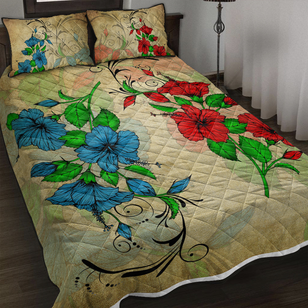 Hawaii Quilt Bed Set Hibiscus Blue And Red