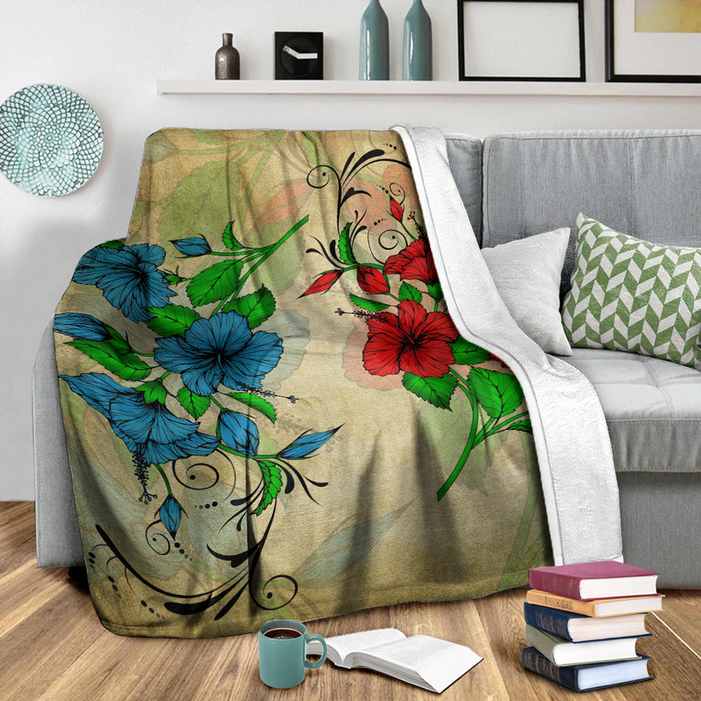 Hawaii Premium Blanket Hibiscus Blue And Red