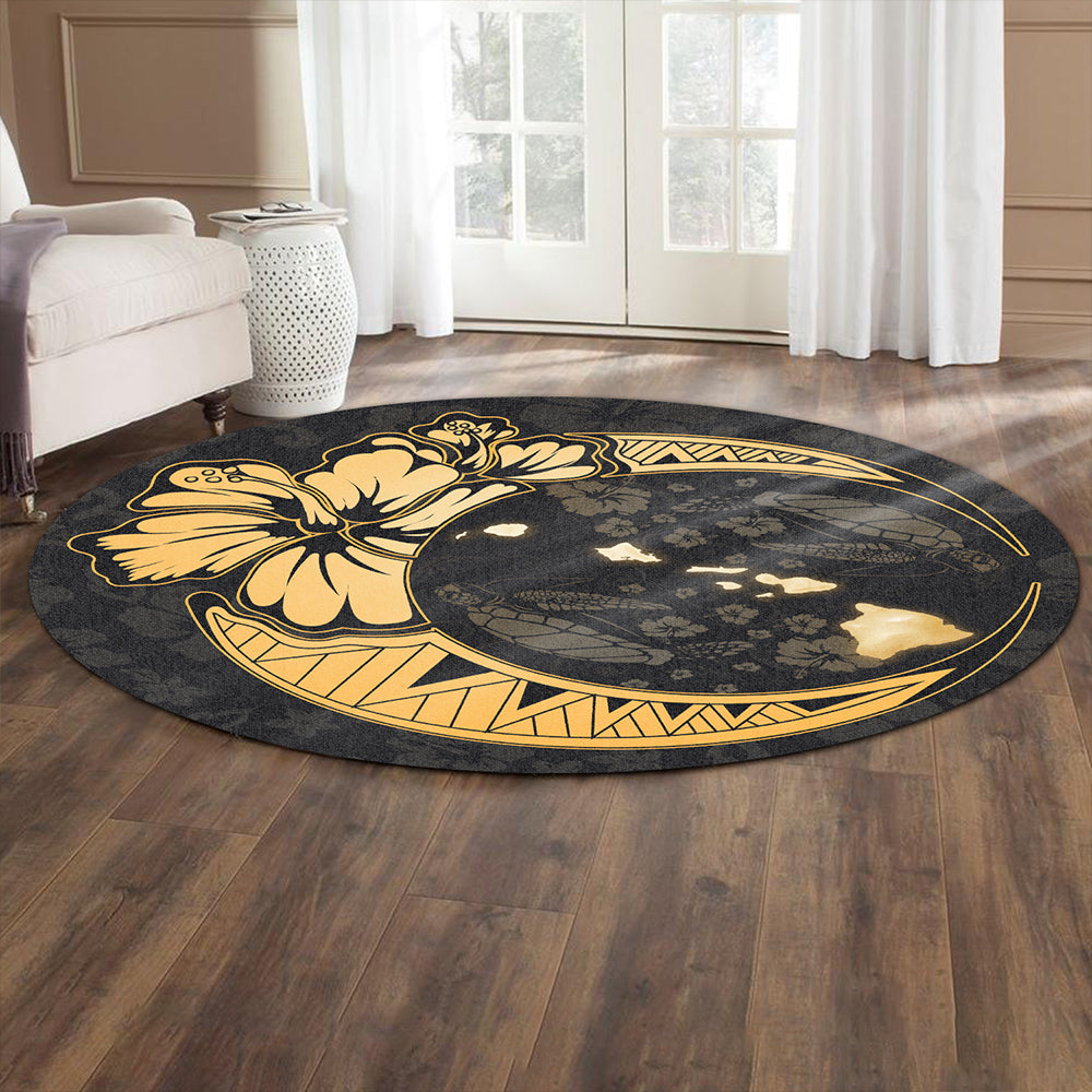 Hawaii Round Rug Hibiscus Map On The Moon