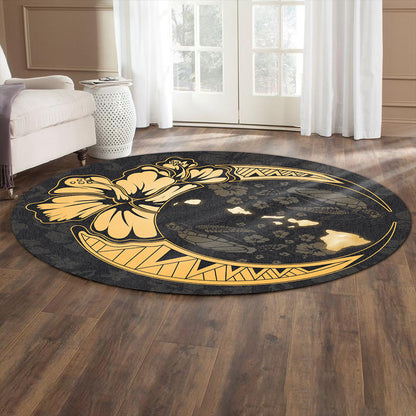 Hawaii Round Rug Hibiscus Map On The Moon