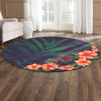 Hawaii Round Rug Hibiscus Palm Background
