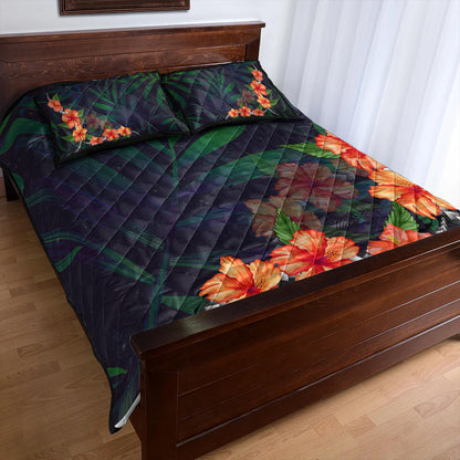 Hawaii Quilt Bed Set Hibiscus Palm Background