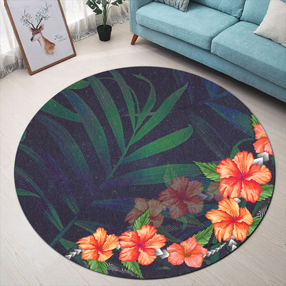 Hawaii Round Rug Hibiscus Palm Background