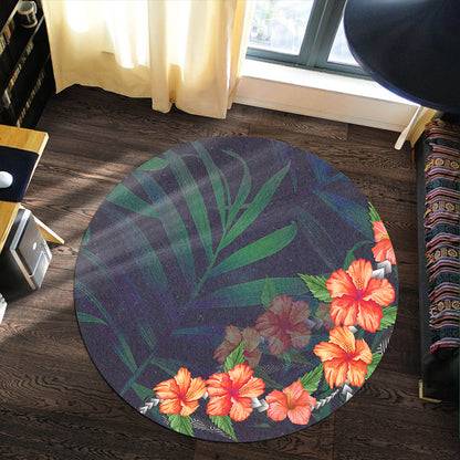 Hawaii Round Rug Hibiscus Palm Background