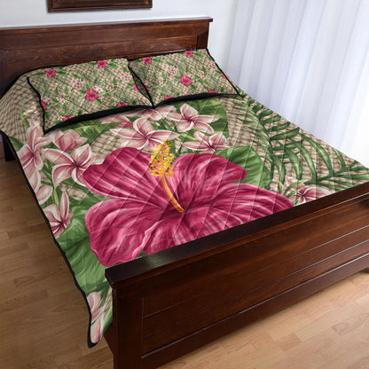 Hawaii Quilt Bed Set Hibiscus Plumeria Palm Leaves Lauhala Background Polynesian