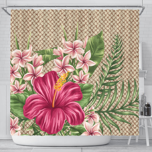 Hawaii Shower Curtain Hibiscus Plumeria Palm Leaves Lauhala Background Polynesian