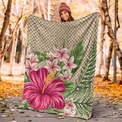 Hawaii Premium Blanket Hibiscus Plumeria Palm Leaves Lauhala Background Polynesian