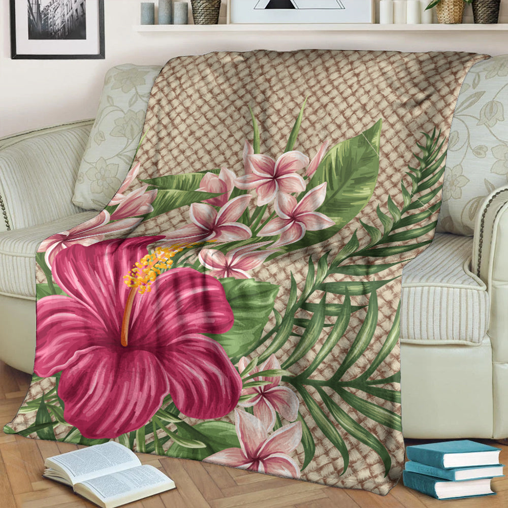 Hawaii Premium Blanket Hibiscus Plumeria Palm Leaves Lauhala Background Polynesian