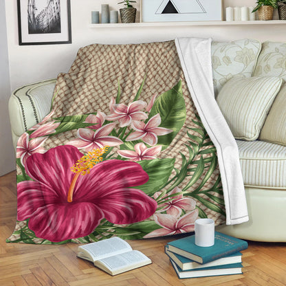 Hawaii Premium Blanket Hibiscus Plumeria Palm Leaves Lauhala Background Polynesian
