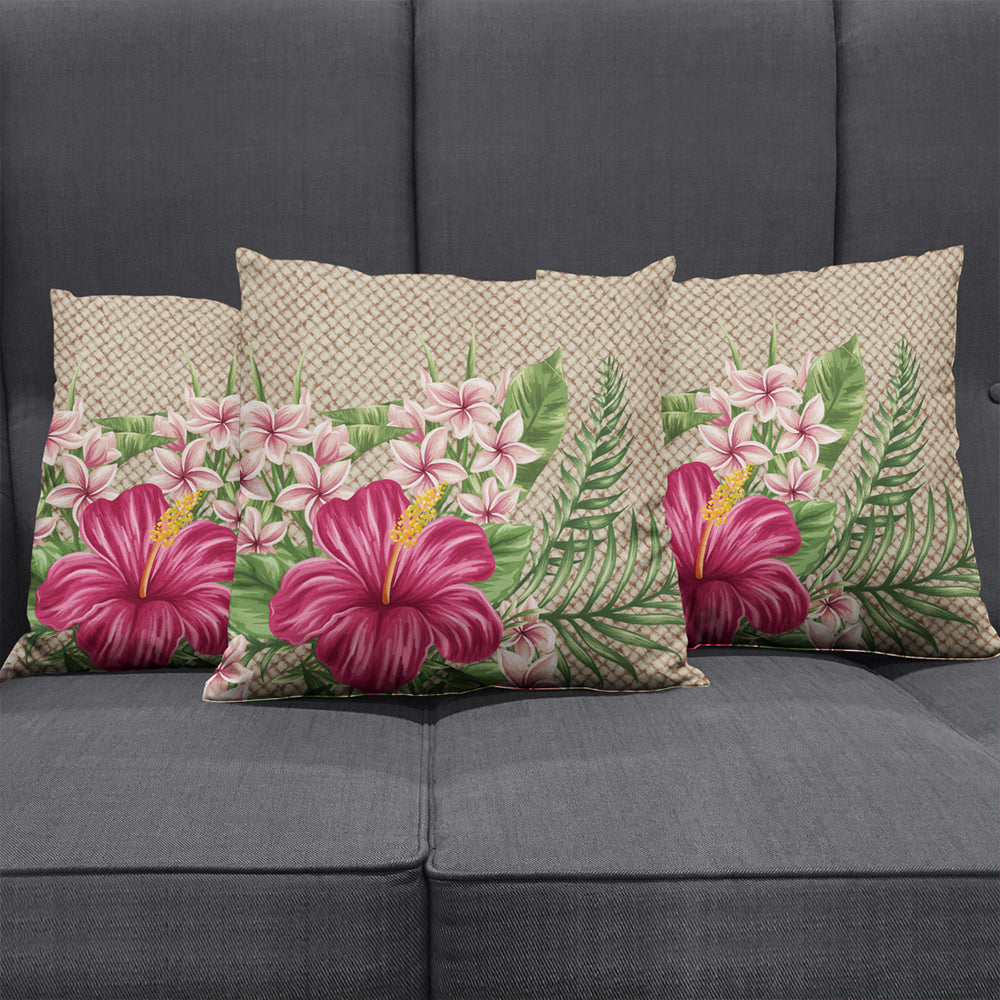 Hawaii Pillow Cover Hibiscus Plumeria Palm Leaves Lauhala Background Polynesian