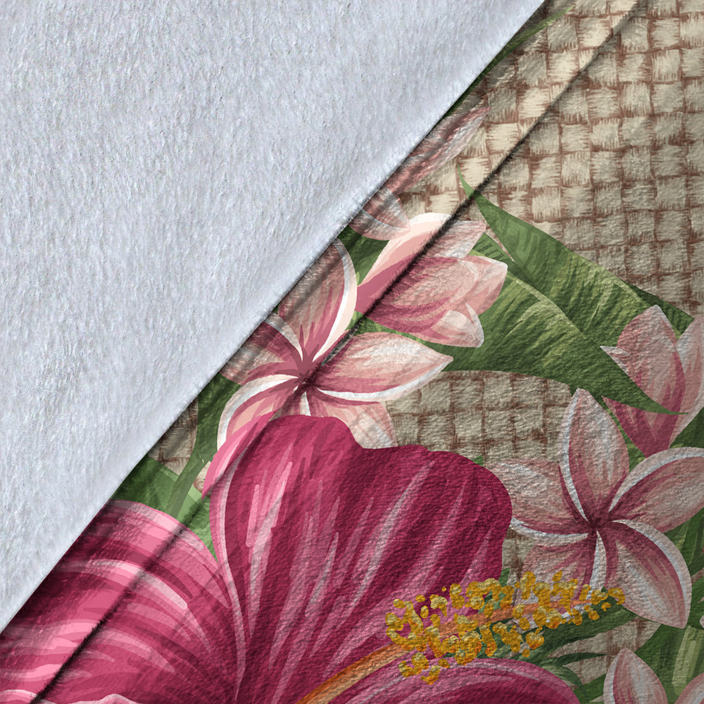 Hawaii Premium Blanket Hibiscus Plumeria Palm Leaves Lauhala Background Polynesian