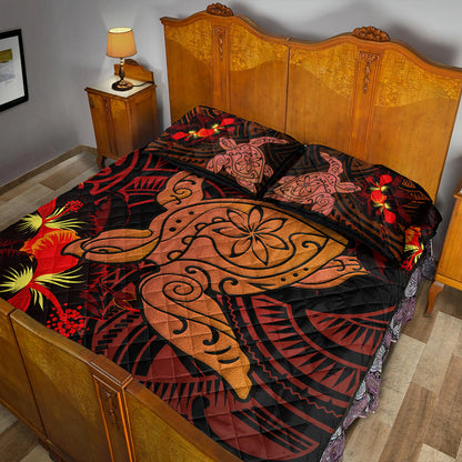 Hawaii Quilt Bed Set Hibiscus Polynesian Red Big Turtle