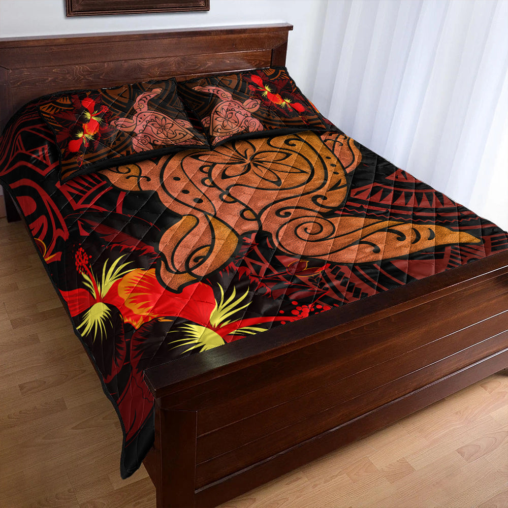 Hawaii Quilt Bed Set Hibiscus Polynesian Red Big Turtle