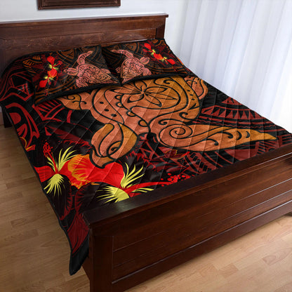 Hawaii Quilt Bed Set Hibiscus Polynesian Red Big Turtle