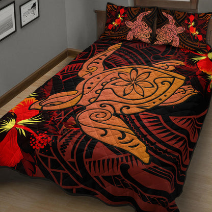 Hawaii Quilt Bed Set Hibiscus Polynesian Red Big Turtle