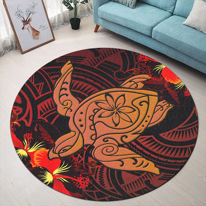 Hawaii Round Rug Hibiscus Polynesian Red Big Turtle